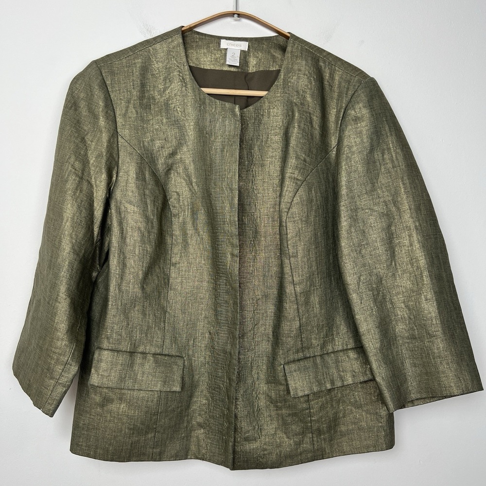 Chicos‎ Metallic Gold Linen Open Front Blazer Jacket Size 2 Large Collarless 3/4